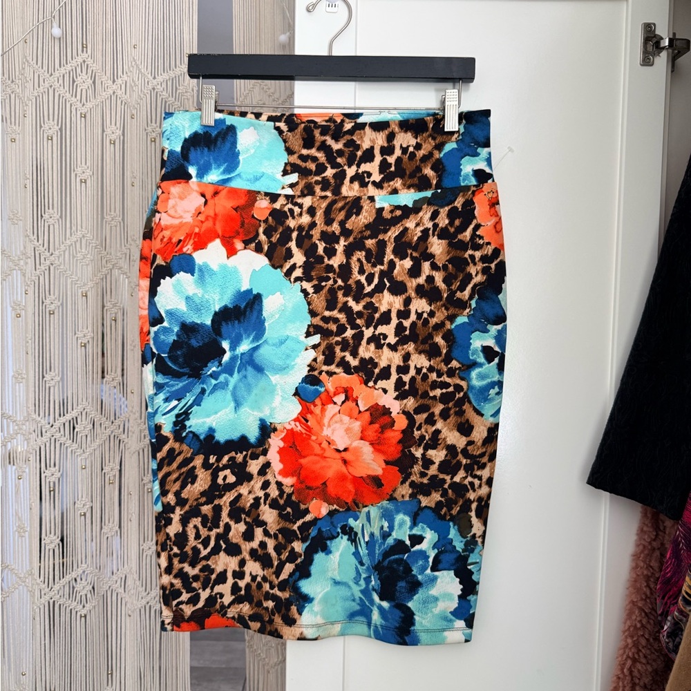 Thalia Floral & Leopard Print Pencil Skirt - Blue & Orange